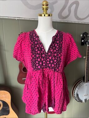 Women’s Pink Embroidered V-Neck Peasant Boho Top